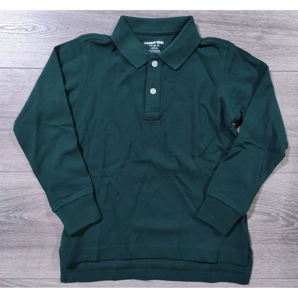 Lands End Shirt Boys Size 4 Green Polo Long Sleeve Essentials Tee Kids
